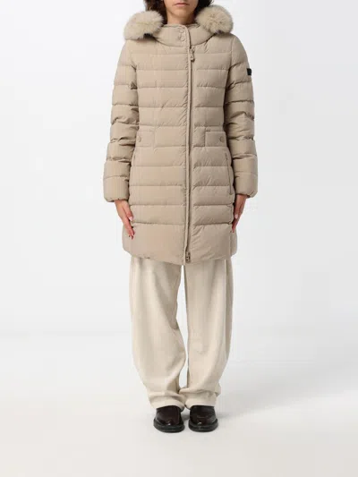 Peuterey Knee-length Quilted Nylon Down Jacket With Shearling Hood In Beige