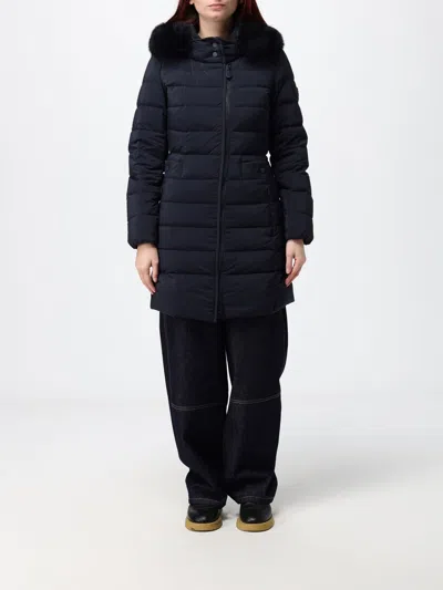 Peuterey Knee-length Quilted Nylon Down Jacket With Shearling Hood In Blue