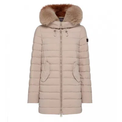 Peuterey Luxury Quilted Long Jacket With Fur Collar In Sand