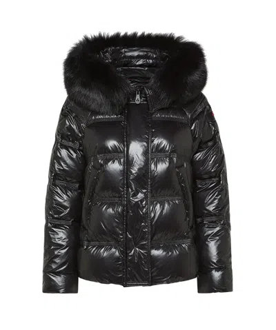 Peuterey Medium Length Adjustable A-line Puffer Jacket With Detachable Fur In Black