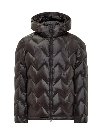 Peuterey Glossy Black Down Jacket With Hood In Brown