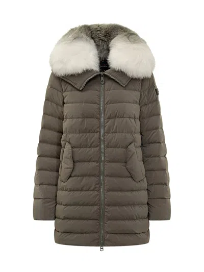 Peuterey Long Down Jacket With Matching Colour Fur In Green