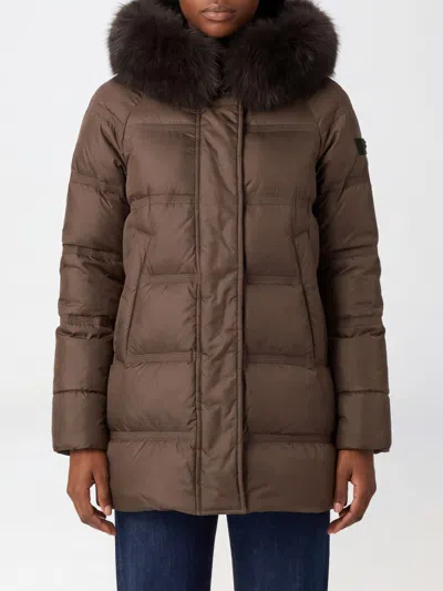 Peuterey Quilted Nylon Short Puffer Jacket With Shearling Hood In Brown