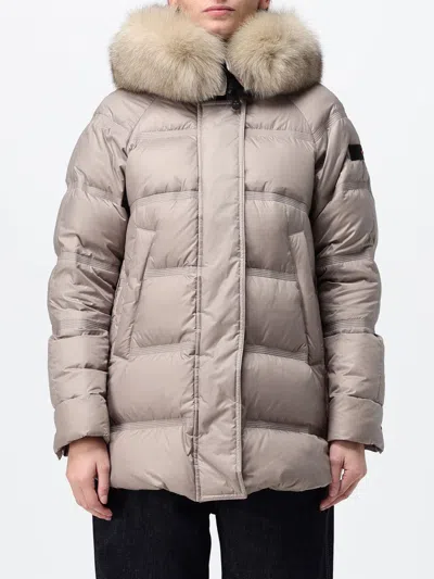 Peuterey Quilted Nylon Short Puffer Jacket With Shearling Hood In Neutral