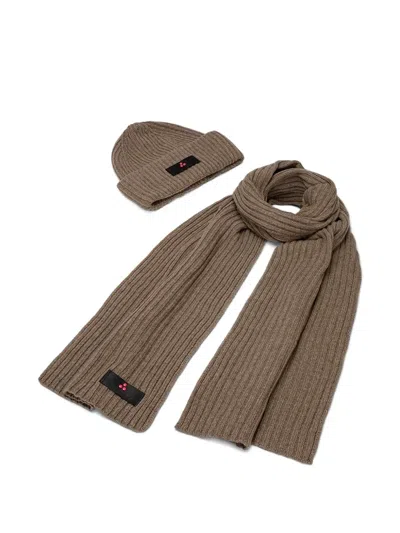 Peuterey Ribber Scarf And Hat Set In Burgundy