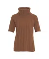 Peuterey Short-sleeve Wool Knit Top With Ribbed Turtleneck In Brown