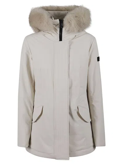 Peuterey Tailored Beige Velvet Coat With Plush Fur Trim In Neutral