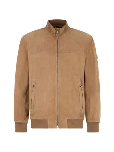 Peuterey Tan Leather Ribbed Jacket In Brown