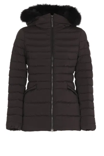 Peuterey Long Hooded Jacket Fur Trim Quilted Design In Black