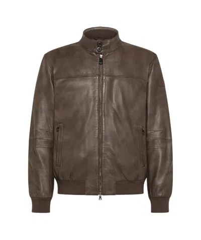 Peuterey Vintage-effect Leather Bomber Jacket In Brown