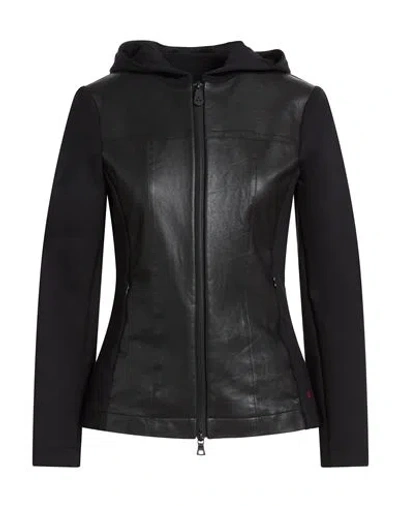 Peuterey Woman Jacket Black Size 6 Leather, Polyamide, Elastane