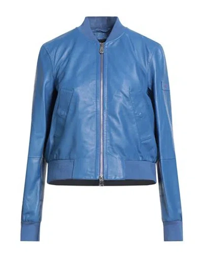 Peuterey Woman Jacket Bright Blue Size 10 Lambskin, Polyester, Elastane