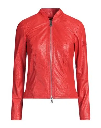 Peuterey Woman Jacket Red Size 12 Leather, Lambskin