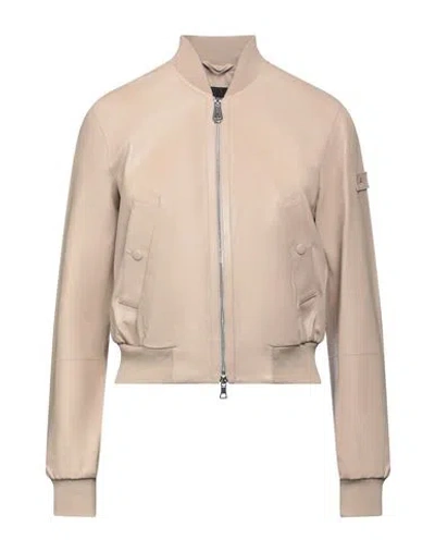 Peuterey Woman Jacket Sand Size 10 Lambskin, Polyester, Elastane