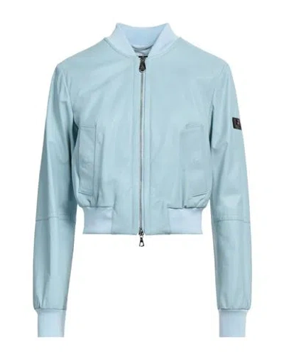 Peuterey Woman Jacket Sky Blue Size 4 Leather, Polyamide