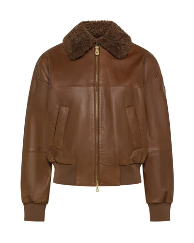 Peuterey Women's Shearling-collar Leather Bomber Jacket In Cuoio