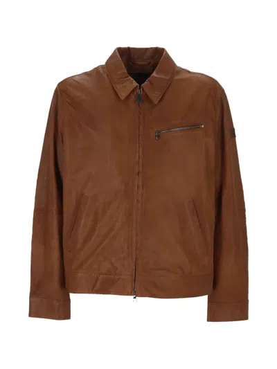 Peuterey Zip Leather Jacket In Brown