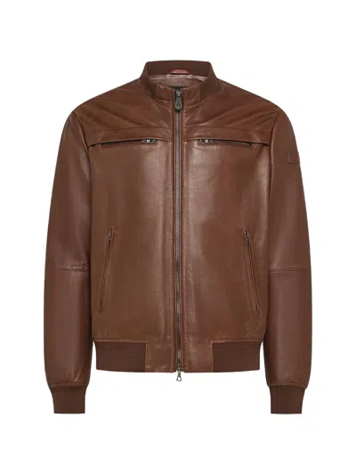Peuterey Zip-up Leather Biker Jacket In Brown
