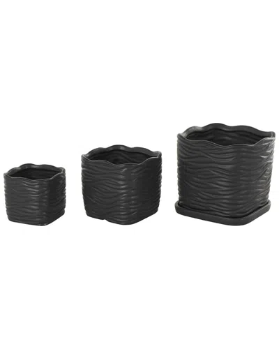 Peyton Lane Black Ceramic Wavy Ribbed Indoor Outdoor Planter