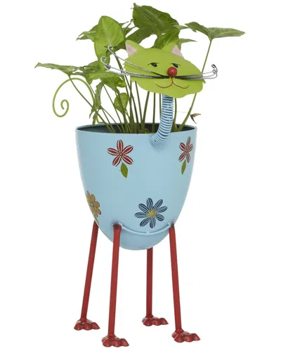 Peyton Lane Cat Metal Planter With Flower Pattern In Blue