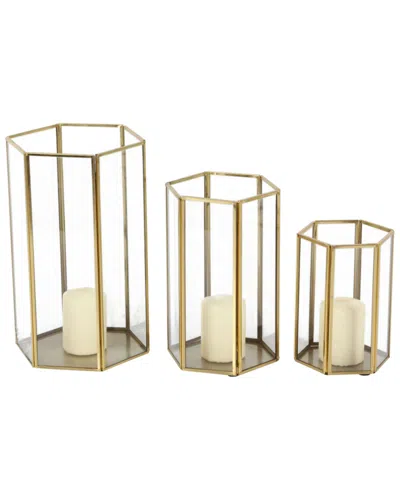 Peyton Lane Cosmoliving By Cosmopolitan Set Of 3 Gold Glass Decorative Candle Lantern With Metal Plate