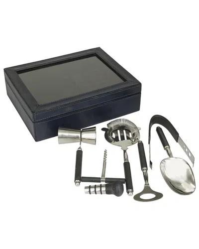 Peyton Lane Dark Blue Leather 7 Piece Bar Tool Set With Decorative Box In Black