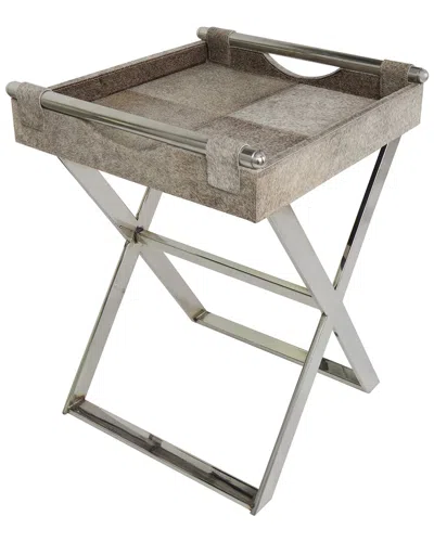 Peyton Lane Geometric Leather Tray-inspired Accent Table With Metal Base & Handles In Gray