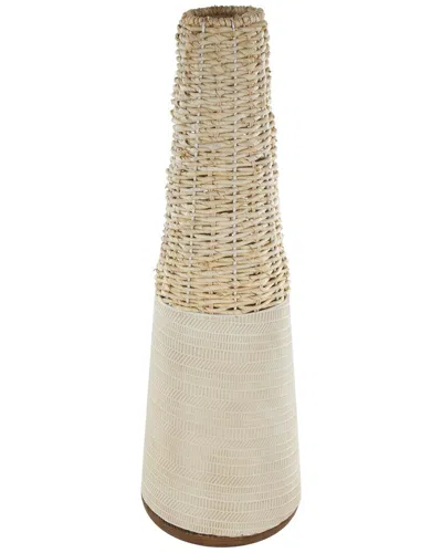 Peyton Lane Geometric Rattan Handmade Woven Vase With Metal Base & Abstract  Linear Markings In Neutral