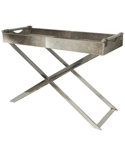 Peyton Lane Leather Accent/tray Table With Diagonal Legs & Handles In Gray