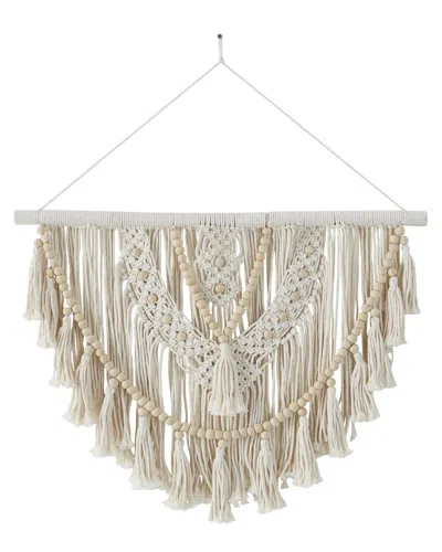 Peyton Lane Macrame White Cotton Handmade Intricately Weaved Wall Decor With Beaded Fringe Tassels In Multi