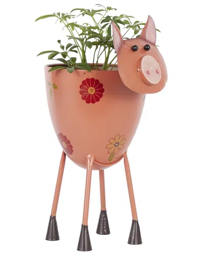 Peyton Lane Pig Metal Planter With Floral Pattern In Pink