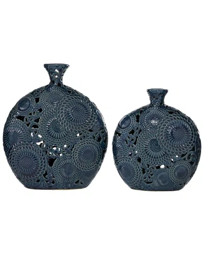 Peyton Lane Set Of 2 Blue Stoneware Eclectic Vase