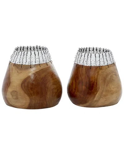 Peyton Lane Set Of 2 Brown Wood Handmade Decorative Vase With White Seagrass Accents