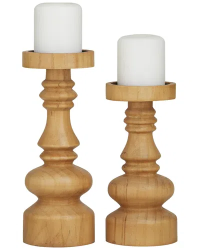 Peyton Lane Set Of 2 Brown Wood Round Turned Style Pillar Decorative Candle Holder
