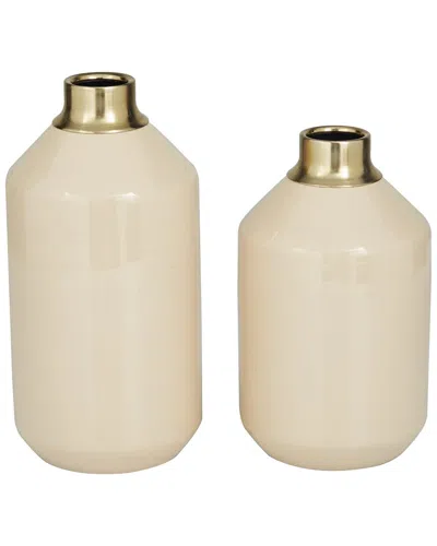Peyton Lane Set Of 2 Cream Metal Decorative Vase With Gold Rims In Neutral