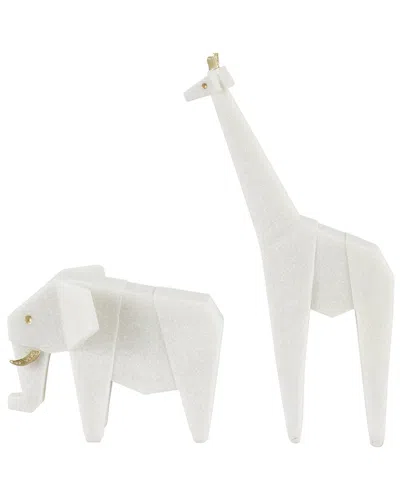 Peyton Lane Set Of 2 Elephant, Giraffe White Polystone Cubist Inspired  Sculpture With Gold Accents