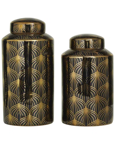 Peyton Lane Set Of 2 Floral Black Ceramic Living Room Decorative Jars With Gold Accents In Brown