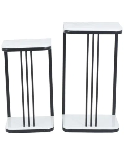 Peyton Lane Set Of 2 Geometric Metal Plant Stands With Curved Marble Tabletops In Black