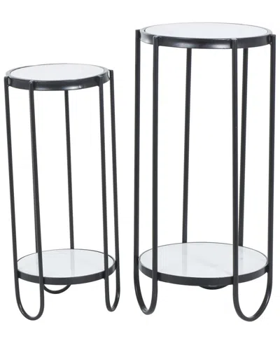 Peyton Lane Set Of 2 Geometric Metal Plant Stands With Marble Tabletops In Black
