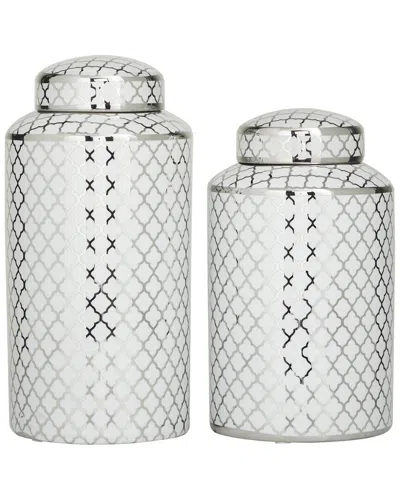 Peyton Lane Set Of 2 Geometric Silver Ceramic Living Room Decorative Jars With Silver Accents In Transparent