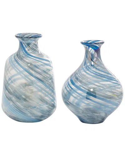 Peyton Lane Set Of 2 Glass Handmade Blown Vase In Blue