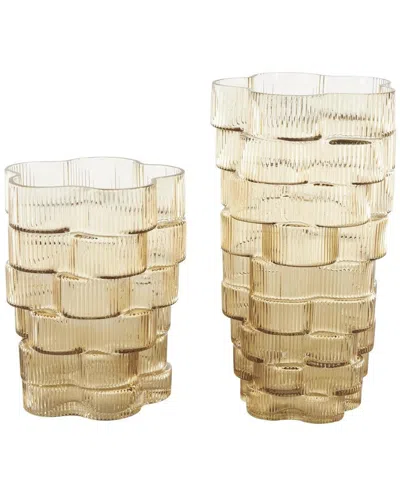 Peyton Lane Set Of 2 Glass Ribbed Stacked Flower Decorative Vase In Neutral