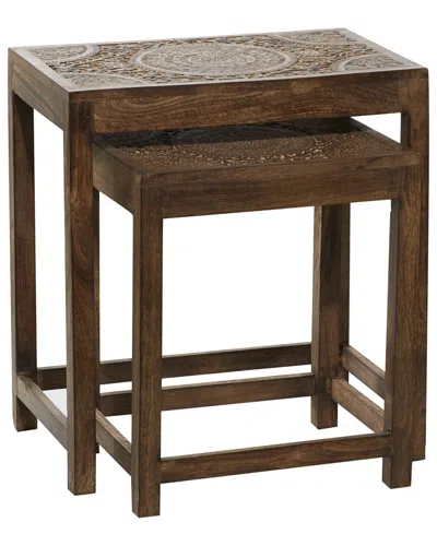 Peyton Lane Set Of 2 Handmade Carved Accent Tables In Brown