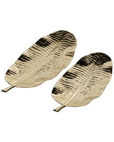 Peyton Lane Set Of 2 Leaf Gold Metal Living Room Decor Tray In Brown
