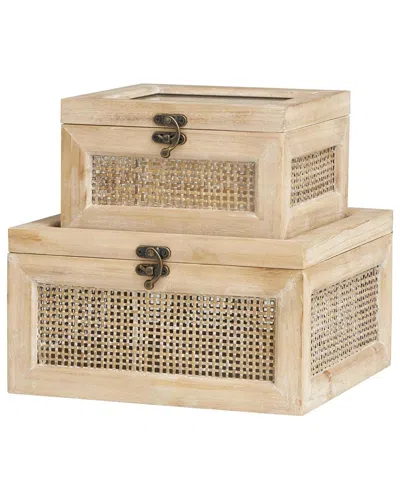 Peyton Lane Set Of 2 Light Brown Wood Glass Top Decorative Box With Rattan Side Panels And Bronze Ho