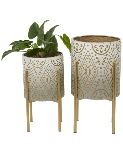 Peyton Lane Set Of 2 Metal Planters With Stands In Cream