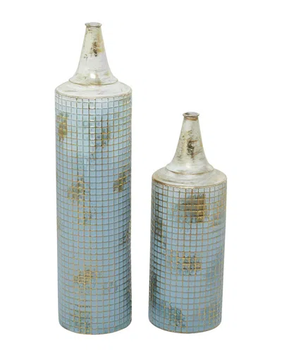 Peyton Lane Set Of 2 Rustic Cylinder Turquoise Metal Vase In Blue