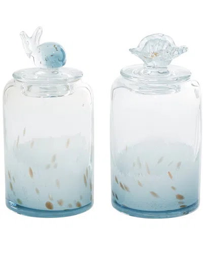 Peyton Lane Set Of 2 Sea Life Glass Handmade Decorative Jars With Whale And Seashell Tops In Blue