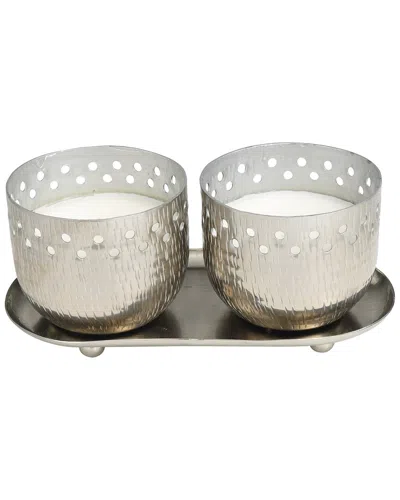 Peyton Lane Set Of 2 White Wax Vanilla Marshmallow Scented Cutout Spotted 7oz 1-wick Candle In Gray