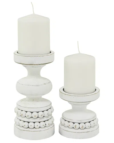 Peyton Lane Set Of 2 White Wood Beaded Pillar Decorative Candle Holder